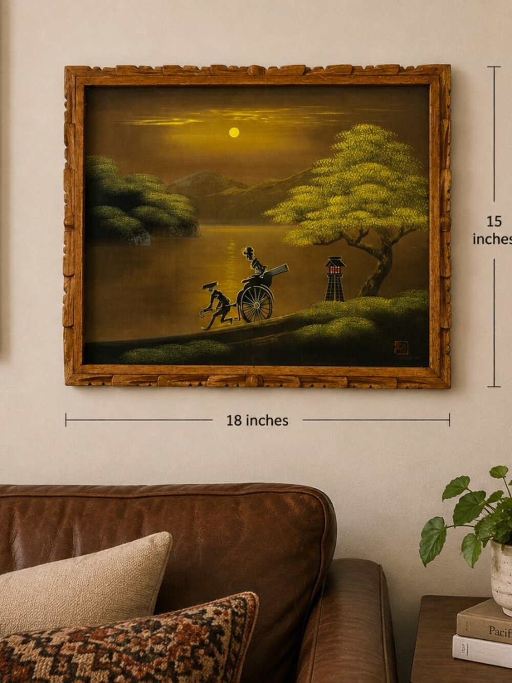 Satin/Cloth Painting mountain moonlight lantern Painting Signed 18" X 15" - Picture 1 of 8